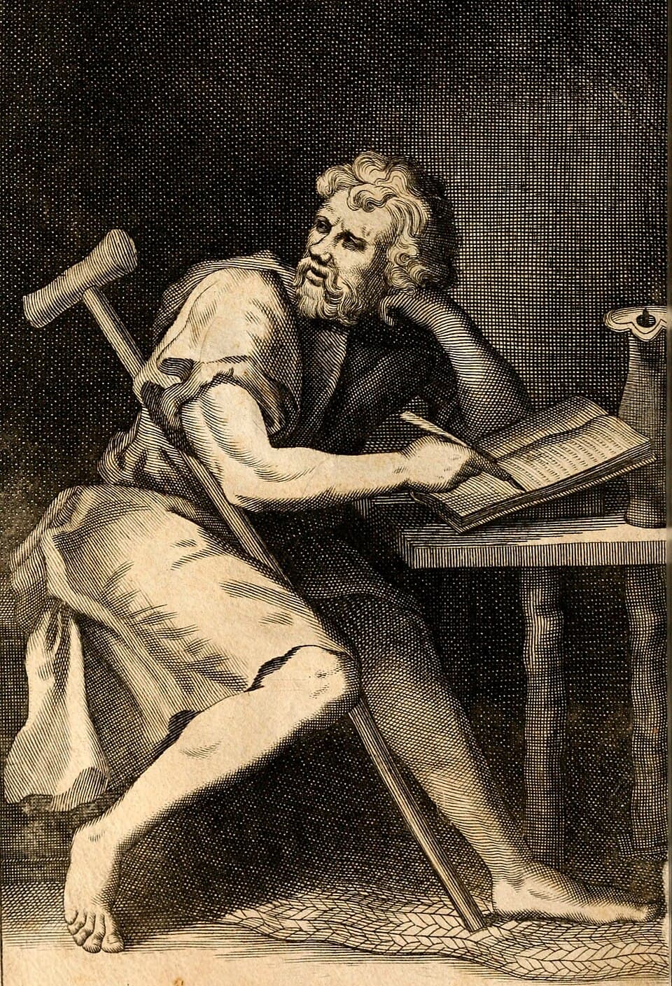 Engraved imagined portrait of Epictetus with his crutch, writing at a desk — frontispiece to a 1715 edition of the Enchiridion